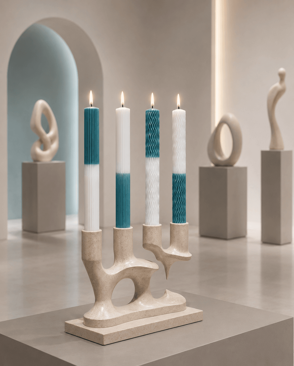 4 stuks dinerkaarsen 30x250 mm / Tin/Zeegroen