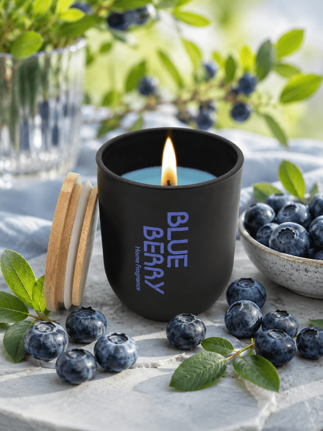 Duftkerze Blaubeer mit Holzdeckel und Holzdocht schwarz 70 x 80 mm