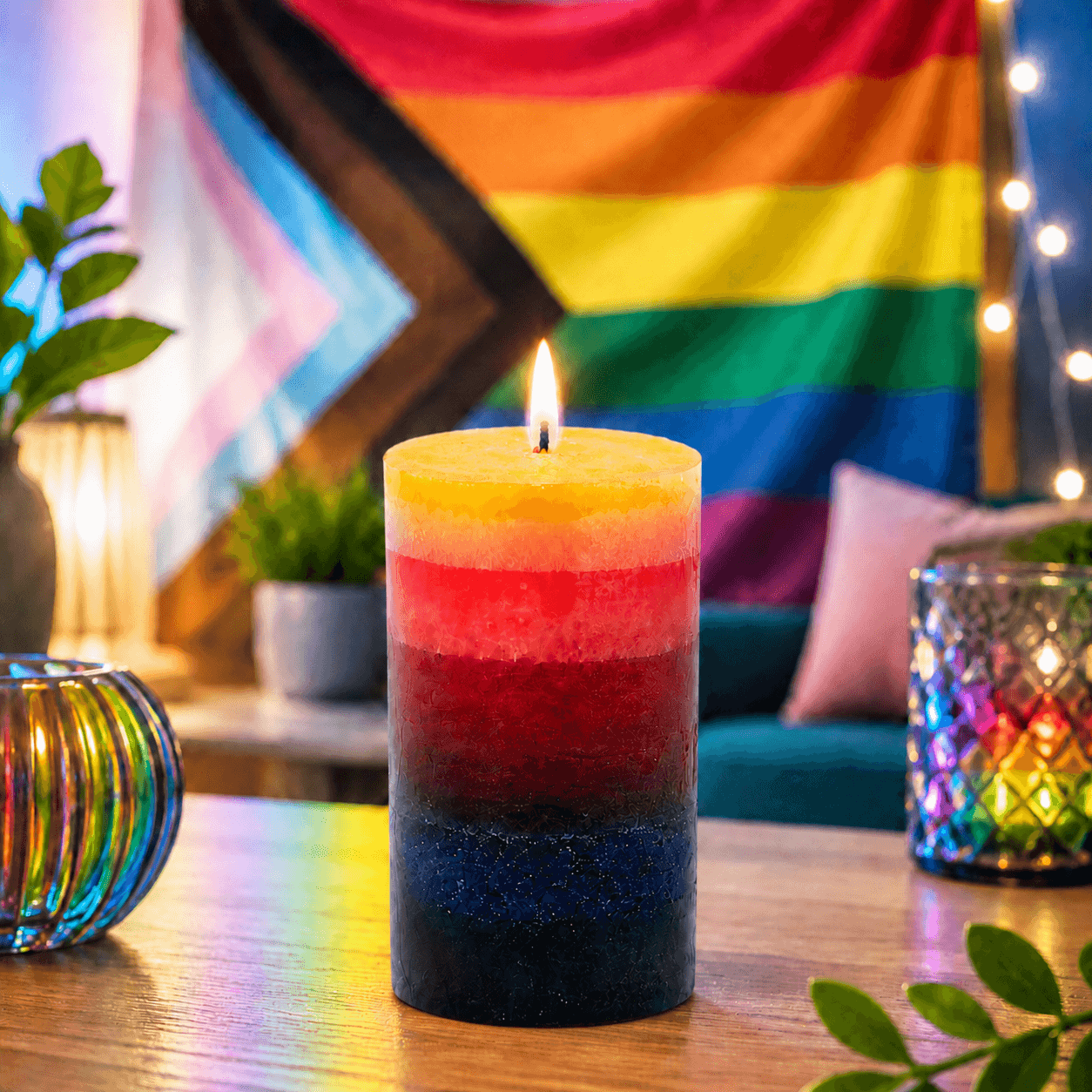 Regenbogen-Stumpenkerze Pride mehrfarbig geschichtet 75 x 150 mm