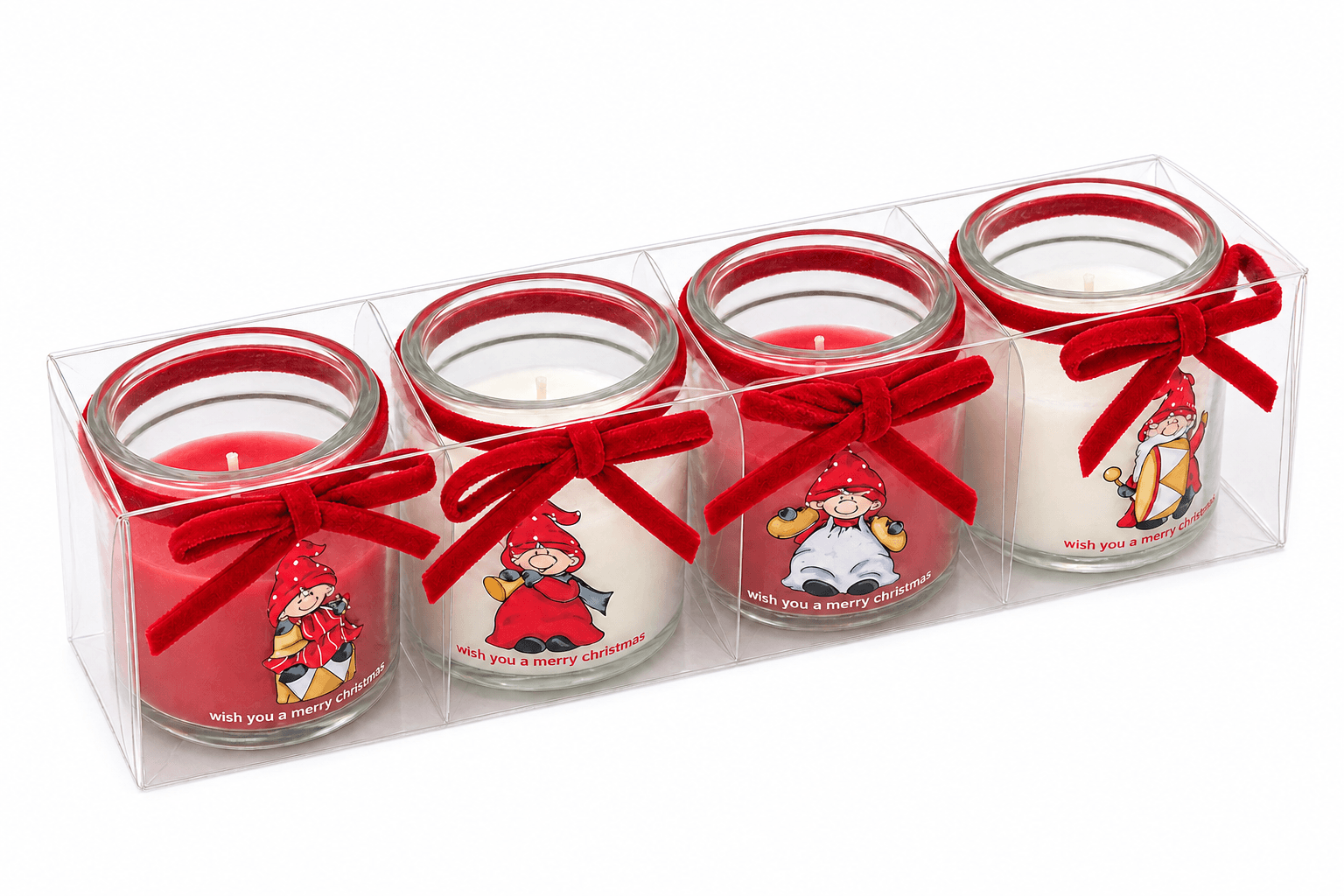 Weihnachtskerzen im Glas mit Weihnachtswichteln rot/weiß 4er-Set Bild 2