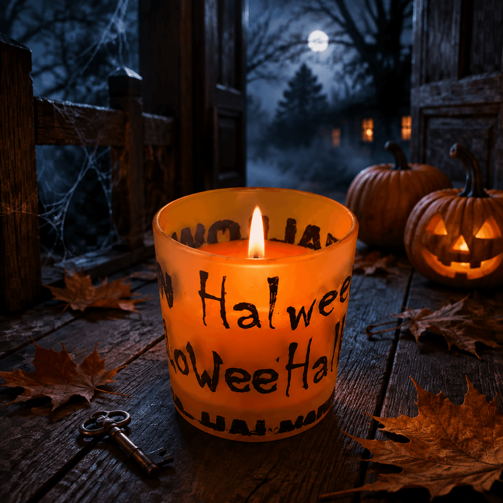 Halloween-Kerze im Glas orange Ø 55 × 60 mm
